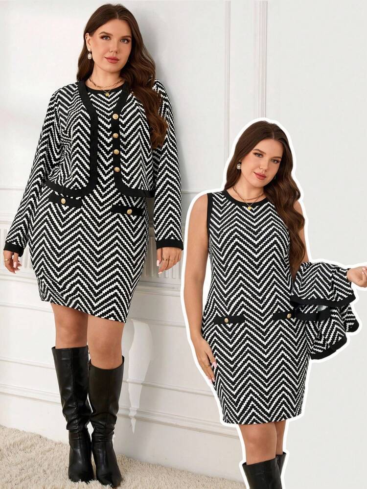 Plus Size Fashion Commuter Herringbone Jacket & Dress 2 Pieces Set New Year Dress Maija Fall Winter 2025 Fall/Winter Party Elegant Dress Women Party Dress Elegant Dress Women New Year Clothes 2 Piece Skirt Sets Woman Houndstooth Dress Two Piece Set Women Dress
