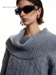 LYSMO 2025 Women Chic Grey Autumn Everyday Off-Shoulder Long Sleeve Sweater, Minimalism Loose Solid Color Multiple Ways To Wear Stockholm Style Winter Look - Grey - View 8