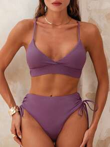 SHEIN Swim 2 件套女士深紫色沙滩装，深 V 领露背褶皱无线泳衣，休闲夏季沙滩泳装 - 淡紫色 - 查看 3