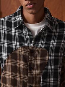 SWAVVY Men's Casual Plaid Contrast Color Button-Up Long Sleeve Shirt, Autumn - Khaki - View 5