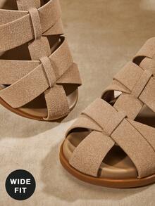 SHUZIA 女式宽版复古罗马风格编织一脚蹬木屐 - 米色 - 查看 3