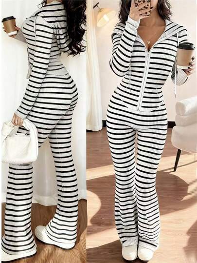 INAWLY 2pcs Women Loose Striped Cardigan With Lapel Collar Long Sleeve T-Shirt And Elastic Waist Striped Pants, Casual Knit Suit