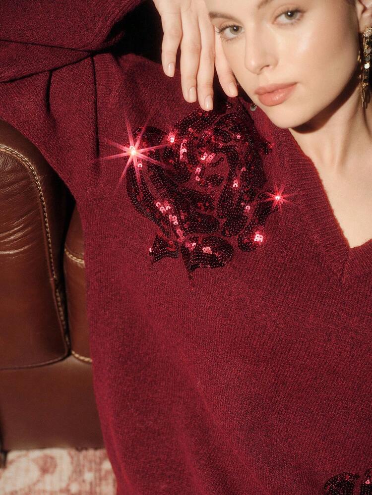 Eleganter V-Ausschnitt Pullover in Große Größen mit bestickten Blumen-Pailletten, formell & schick für Herbst/Winter, Weihnachten, Neujahr, Partys