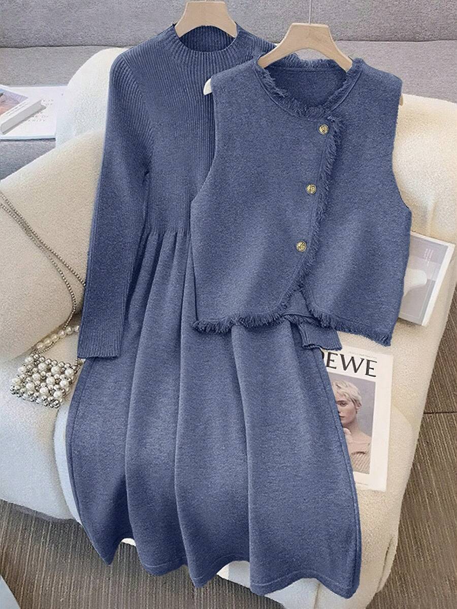 GlowEve 时尚高端别致圆领修身休闲长款开衫和针织中长连衣裙两件套，秋冬 - 藍色 - 查看 1