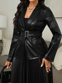 SHEIN Lady Autumn Black PU Fabric Blazer And Pleated Skirt Set,Women's Elegant High-Quality Two-Piece Suit For Summer Office Commuting And Daily Fashion Suits - Black - View 7