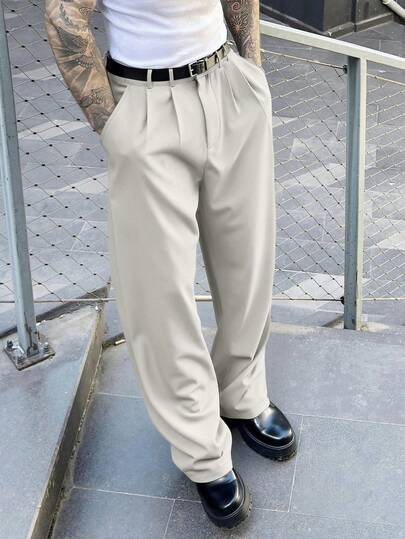 Manfinity Homme Men's Suit Pants, High-End New Design, Draping Suit Pants, Designer Fashion Casual Black Minimalist Business Trousers Mens Loose Straight Leg Casual Pants Beige Pants For Men Mens Pleated Suit Pants Men Slacks Pants