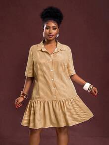 Slaydiva Damen Lässig Gestreiftes Kurzkleid in Große Größen - Gelb - Übersicht 3