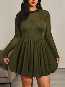 Hourglow Plus Size Women's Solid Color Round Neck Long Sleeve Mesh Fashion Dress/Autumn /Winter - Army Green - View 4