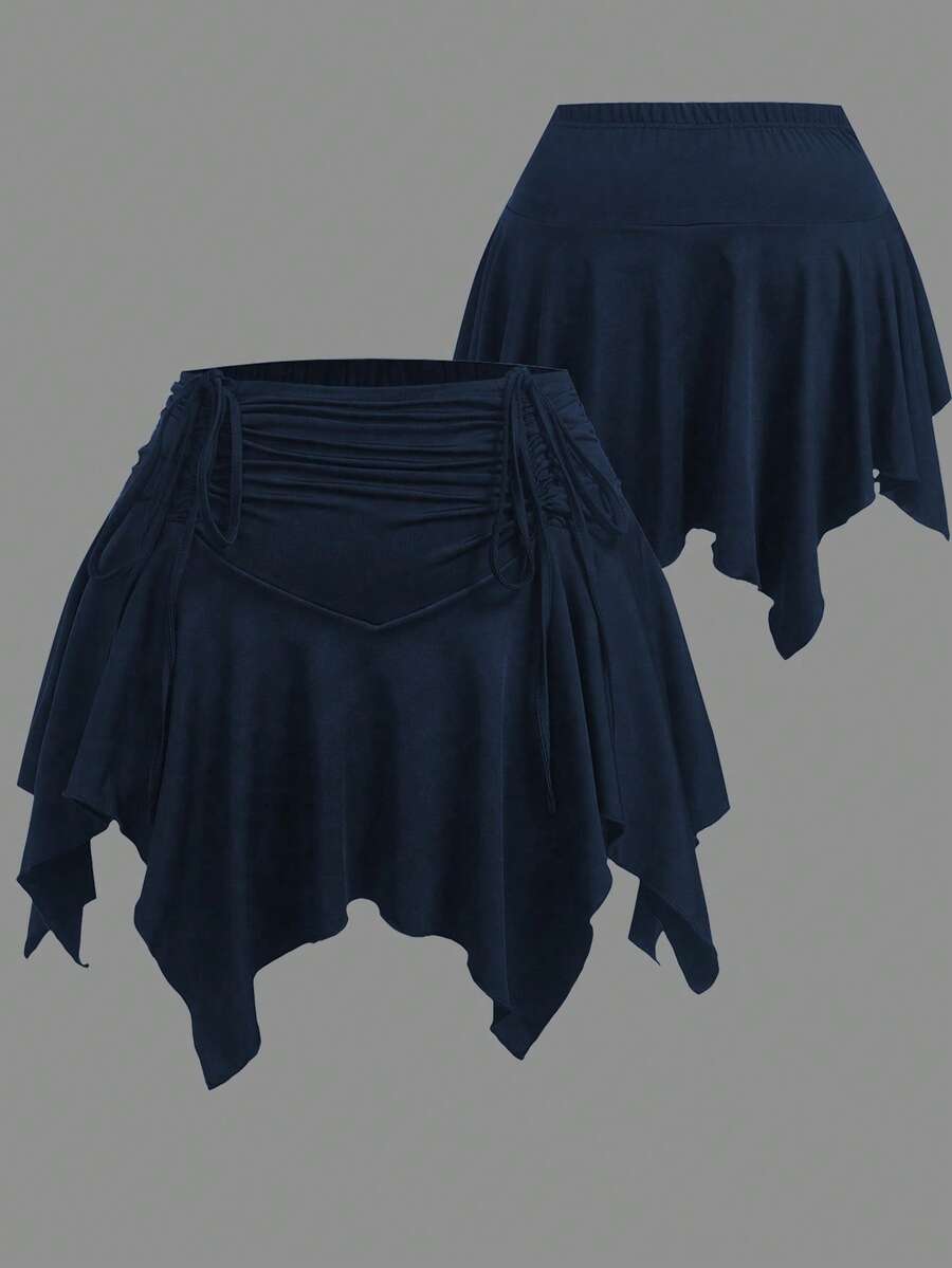Sweetra 大码女式纯色弹力腰前抽绳不对称下摆半身裤 - 藏蓝色 - 查看 1