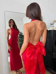 Aloruh Damklänning med enfärgad rygglös halterneck och rosett för julfesten i stickad färg