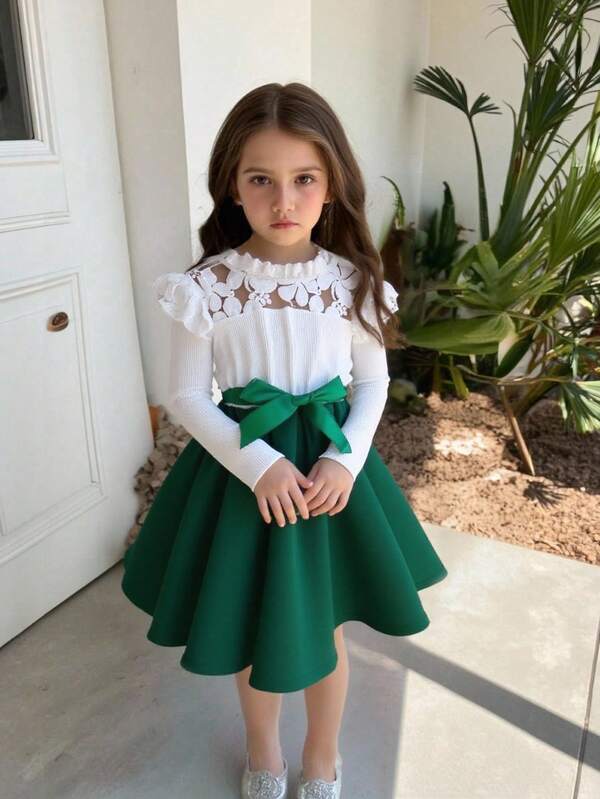 SHEIN Vestido de princesa de manga larga con cinturón, elegante, de encaje y parches, cómodo de acanalado, para niñas, vestido de fiesta para niños en primavera y otoño