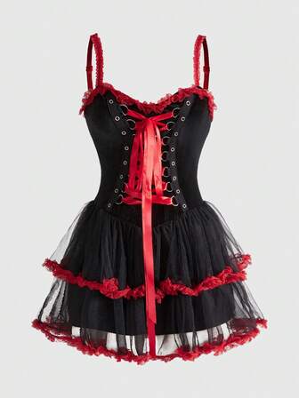 Christmas Clothes Gothic Retro Palace Style Velvet & Mesh Patchwork Contrast Color Lace Women's Shorts Dress