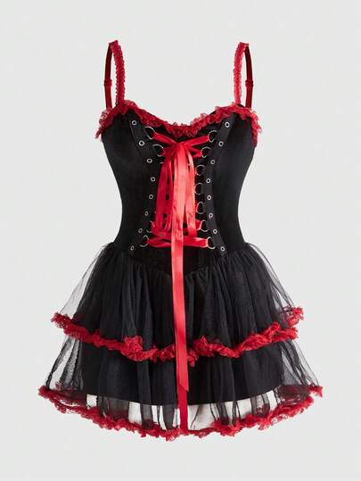 ROMWE Váy ngắn ren phối vải nhung và lưới phong cách cung điện Gothic Retro dành cho nữ