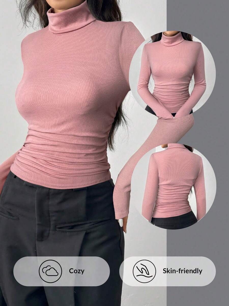 SHEIN EZwear 粉色针织女式高领长袖修身T恤 - 粉色 - 查看 1