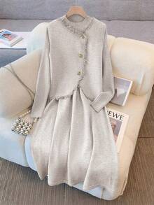 GlowEve Fashionable High-End Chic Round Neck Slimming Casual Long Cardigan & Knit Dress Two Pieces Set, Autumn/Winter