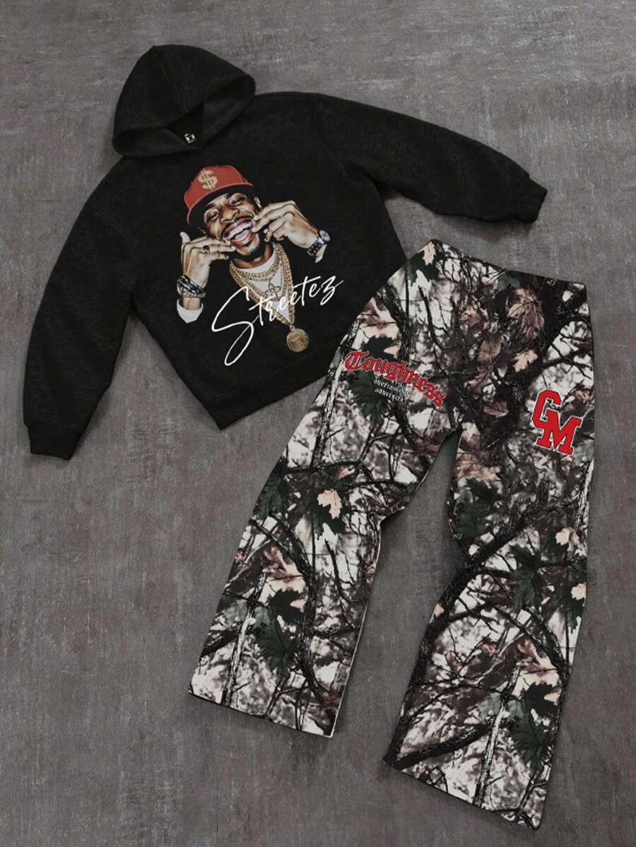 SHEIN Bộ 2 bộ quần áo thể thao thường ngày màu đen có mũ trùm đầu họa tiết graffiti và quần ống loe cho bé trai tuổi mới lớn, phù hợp cho trang phục trẻ em, bộ quần áo bé trai mới biết đi trở lại trường, phù hợp cho tiệc sinh nhật, tiệc tối, biểu diễn, đám cưới, lễ rửa tội, lễ khai giảng, hàng ngày, phù hợp để sử dụng hàng ngày, phù hợp để đi học, phù hợp để đi du lịch, phù hợp để chơi thể thao, phù hợp cho mùa xuân, mùa thu và mùa đông - Nhiều màu - Xem 1