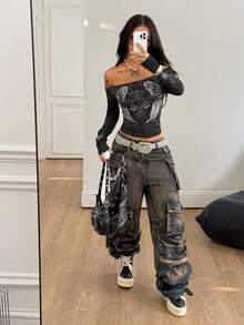 Coolane 女式垃圾摇滚日常外出装灰色和黑色条纹针织露肩长袖 T 恤 - 黑色 - 查看 4