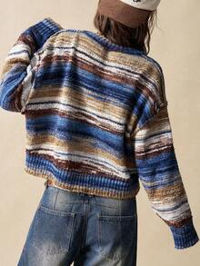 Bohemela Women's Casual Loose Striped Round Neck Drop Shoulder Long Sleeve Sweater, Autumn/Winter - Multicolor - View 7