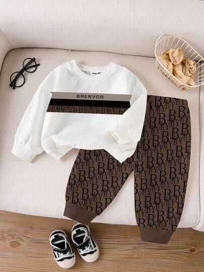 1 套年轻男孩休闲印花字母图案圆领运动衫和字母全身印花运动裤套装，舒适的日常穿着，秋冬