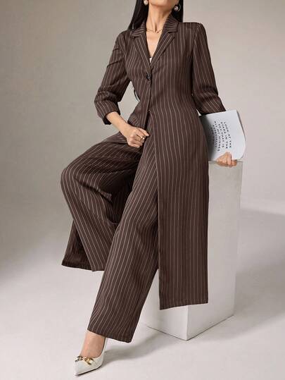 Heiryn 2pcs Women Casual Striped Long Jacket And Pants Set, For Autumn 2 Pieces Set