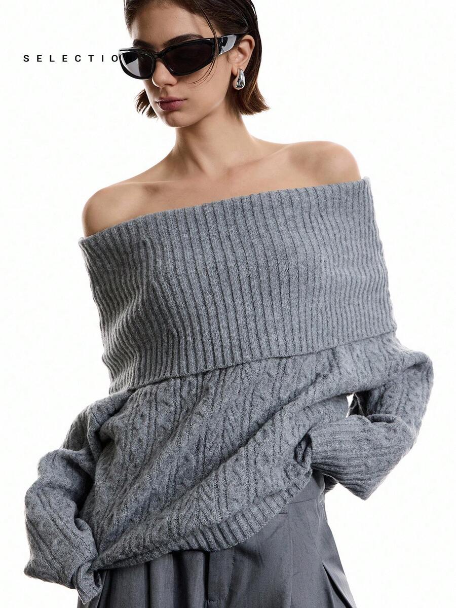 LYSMO 2025 Women Chic Grey Autumn Everyday Off-Shoulder Long Sleeve Sweater, Minimalism Loose Solid Color Multiple Ways To Wear Stockholm Style Winter Look - Grey - View 1