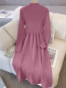 GlowEve Fashionable High-End Chic Round Neck Slimming Casual Long Cardigan & Knit Dress Two Pieces Set, Autumn/Winter - Coral Pink - View 2