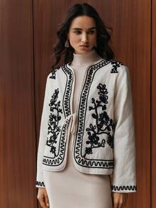 Anewsta Women's Autumn/Winter New Elegant Formal Party Fashion Jacket, Featuring Intricate Embroidery, Quilting, Drawstring, Short Cotton Padded Outerwear - Apricot - View 5