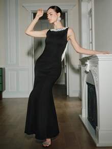 Anewsta 优雅黑色无袖鱼尾长裙，饰有串珠，适合派对、新年、圣诞节、婚礼等场合。 - 黑色 - 查看 6