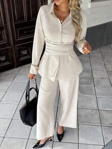 Pariaura Ensemble décontracté élégant pour femmes avec chemise à manches longues et nœud dans le dos et pantalon - Nude - Voir 1
