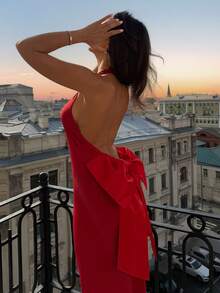 Aloruh 女式纯色露背挂脖圣诞蝴蝶结派对针织连衣裙 - 紅色 - 查看 7