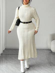 Elenzga Plus Size Fitted Elegant Sophisticated Turtleneck Sweater Dress Elegant Sweater Fall/Winter - Beige - View 5