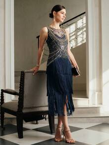 Anewsta Women's Fashionable High-End Luxury Fringed Beaded Sleeveless Dress, Suitable For Fall, Winter, Summer, New Year, Party, Wedding, Elegant, Chic, Stylish, Christmas, Shiny Dress, New Year's Eve - Blue - View 4