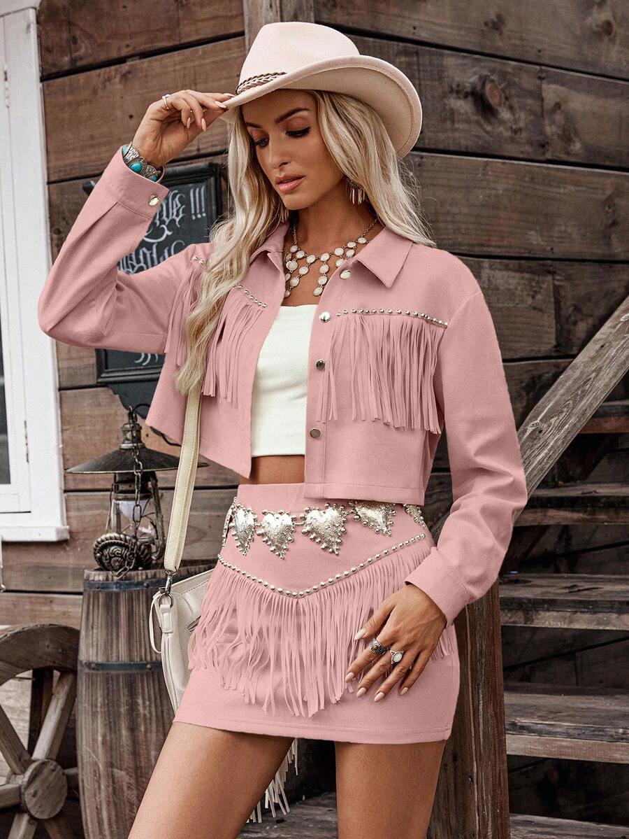LanaWest Un conjunto de dos piezas con flecos para las vacaciones occidentales de una dama en otoño - Rosa - Ver 1