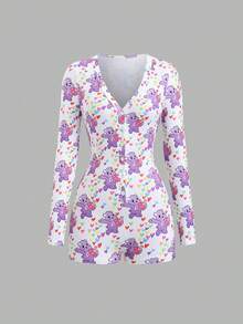 SHEIN Unity 1 bộ đồ liền thân in họa tiết cổ chữ V cài nút tay dài cho nữ, quần yếm bó sát co giãn thoải mái, đa năng cho gia đình, hẹn hò, Giáng sinh, phong cách Y2K - Nhiều màu - Xem 4