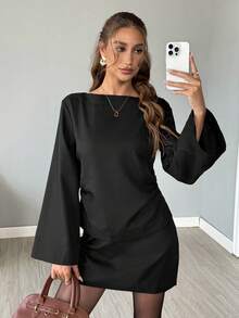 SHEIN LUNE 2 pièces/Set Femme Style Décontracté Ample Élégant Style Navette Manches Cloche Nœud Dos Blouse et Jupe Trapèze, Automne/Hiver