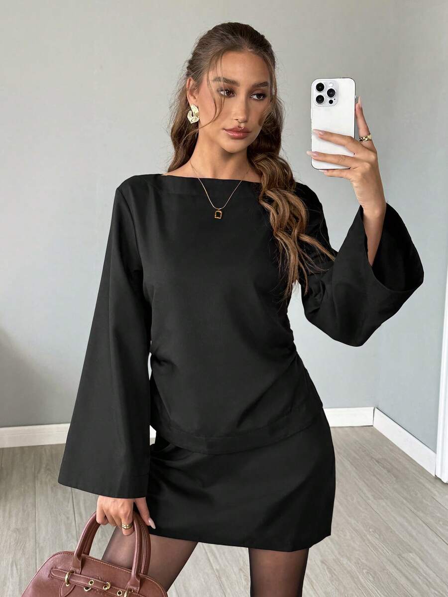 SHEIN LUNE 2 pièces/Set Femme Style Décontracté Ample Élégant Style Navette Manches Cloche Nœud Dos Blouse et Jupe Trapèze, Automne/Hiver