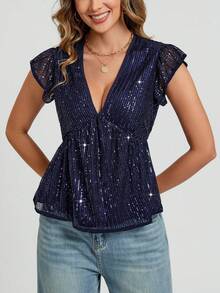 INAWLY Áo cánh thường ngày trang trí sequin cổ chữ V cho nữ, thích hợp cho việc giải trí và nghỉ dưỡng - Màu xanh hải quân - Xem 5