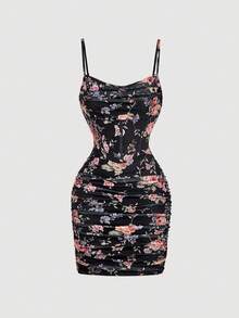 SHEIN MOD 复古花卉褶饰修身低胸迷你连衣裙 - 彩色 - 查看 5