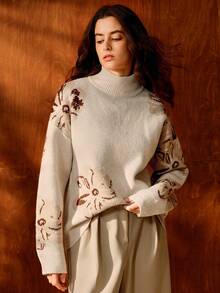 Anewsta Elegant Floral Embellished Pullover Sweater, Romantic & Chic For Commuting - Apricot - View 5