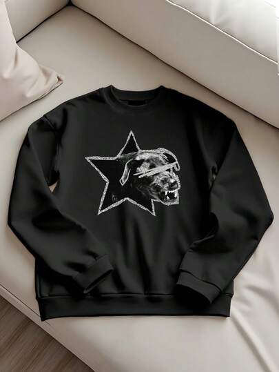 StoneGrade Distressed Star Badge Fierce Dog Head Graphic Casual Loose Fit Pullover For Men, Thick Thermal Lining, Black