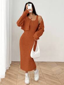 SHEIN EZwear 女式秋季新款罗纹针织落肩纽扣前襟夹克和修身中长连衣裙套装 - 鏽棕色 - 查看 3