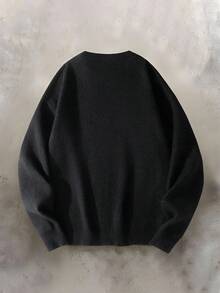 Manfinity EMRG 男士休闲字母图案针织衫，秋冬季圆领印花毛衣，返校季，复古风，长袖上衣 - 黑色 - 查看 4