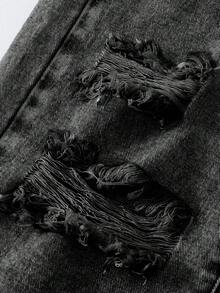 SHEIN 少女Y2K街头风休闲破洞不对称腰身柔软舒适浅蓝色牛仔裤，百搭日常穿着，2025春夏新款宽松破洞牛仔裤 - 黑色 - 查看 5