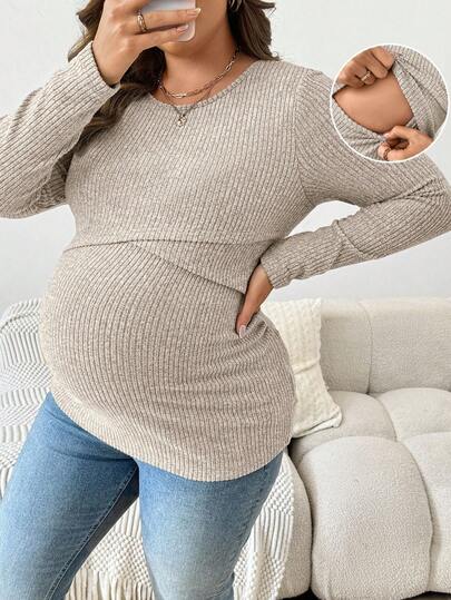 SHEIN Plus Size Maternity Casual Solid Color Nursing Top, Autumn Pregnant Outfits Maternity Tops Pregnancy Shirts Maternity Fall Winter Maternity Clothes Pregnancy Clothes Beige Maternity Top Long Sleeve Maternity Top Beige Maternity Tops