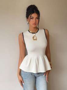 Siren Gaze Women's Contrast Trim Round Neck Sleeveless Casual Versatile Knit Top, Autumn/Winter Summer - Apricot - View 5