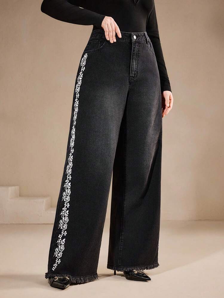 女性用エレガントな刺繍入りホールド ブラック ストレートパンツ、デートに最適、秋冬シーズン
