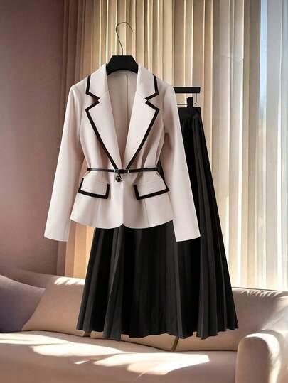 GlowEve 女士秋冬户外/办公室商务休闲装，优雅腰部收紧贴身拼布翻盖口袋抽绳褶皱时尚 2 件套