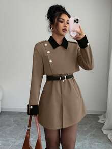 Elenzga 女士优雅奢华时尚厚外套，不含腰带 - 卡其色 - 查看 6