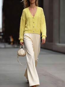 SHEIN LUNE Women's Solid Color V-Neck Drop Shoulder Long Sleeve Front Button Cardigan - Light Yellow - View 1
