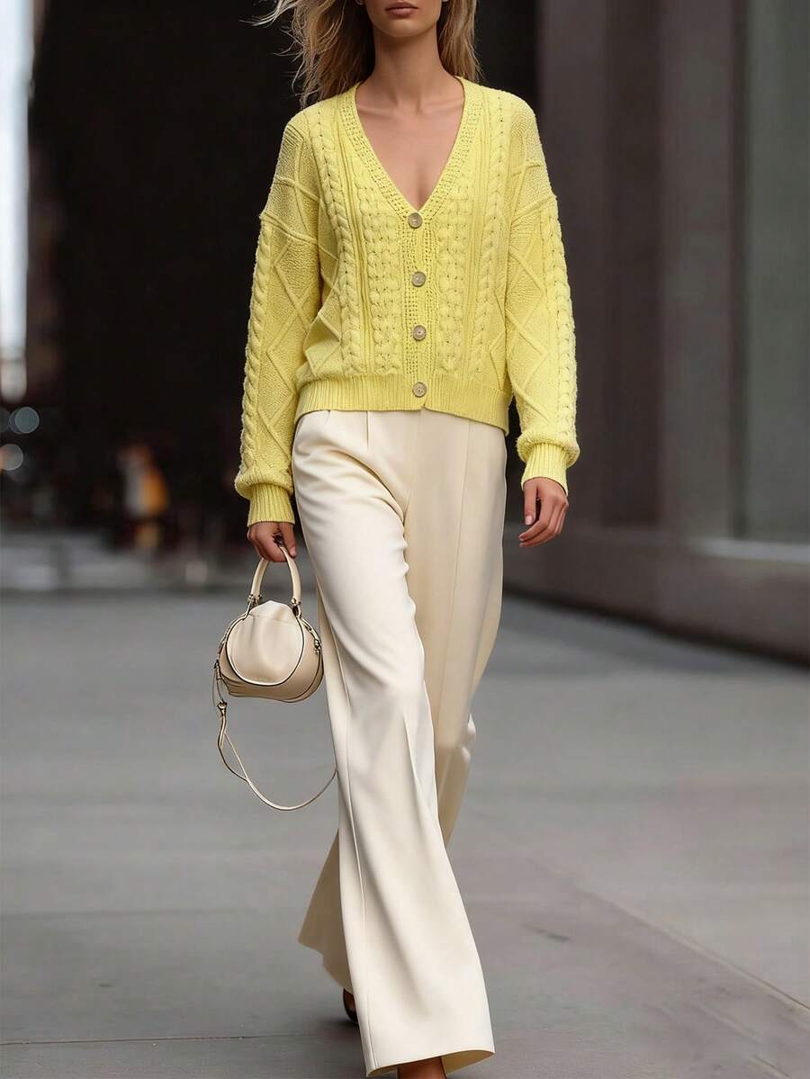SHEIN LUNE Women's Solid Color V-Neck Drop Shoulder Long Sleeve Front Button Cardigan - Light Yellow - View 1